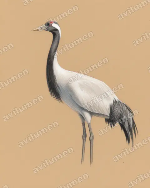 Colored pencil illustration: Anthropoides virgo (Demoiselle crane)