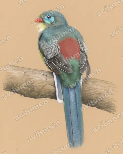 Colored pencil illustration: Apalharpactes mackloti (Sumatran Trogon)