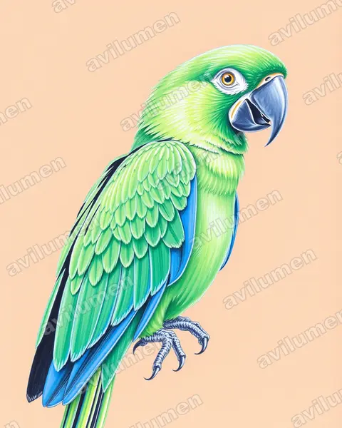 Colored pencil illustration: Ara ambiguus (Great Green Macaw)