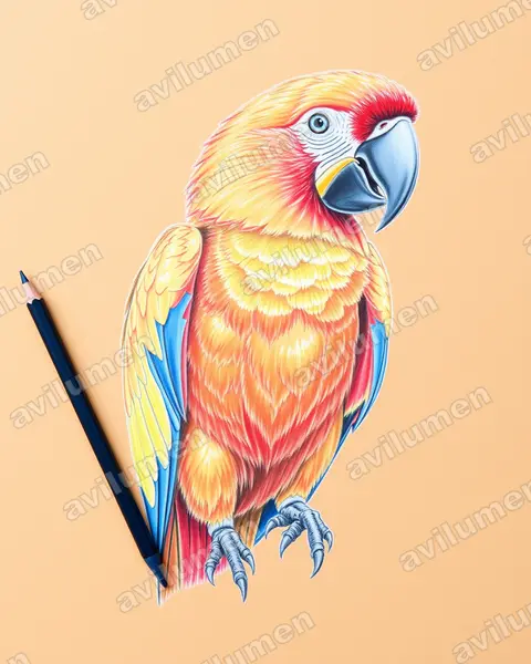 小安地列斯金剛鸚鵡（Ara guadeloupensis）的彩色铅笔插画