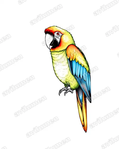 红额金刚鹦鹉（Ara rubrogenys）的钢笔墨线插画