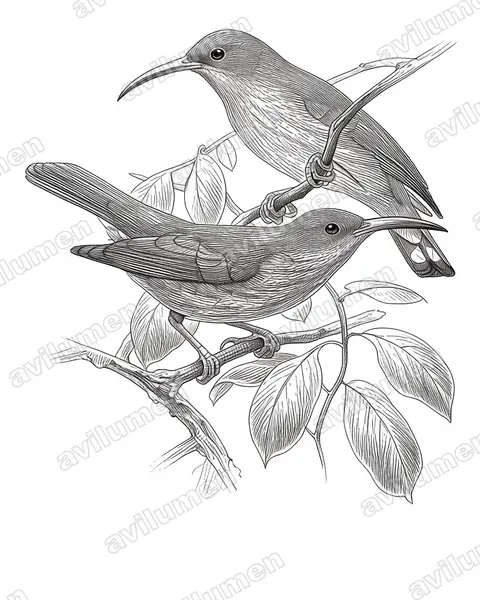 Grey-breasted spiderhunter（Arachnothera modesta）的钢笔墨线插画
