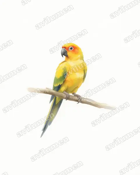 Sulphur-breasted parakeet（Aratinga maculata）的水彩插画