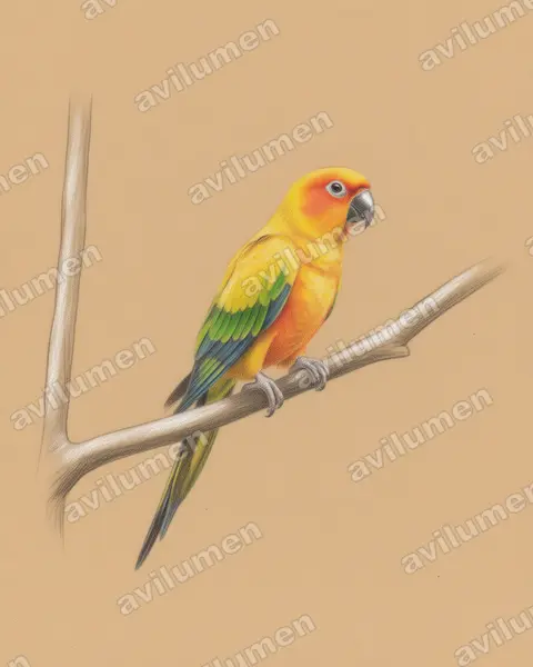 Sulphur-breasted parakeet（Aratinga maculata）的彩色铅笔插画
