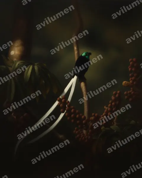 綬帶長尾天堂鳥（Astrapia mayeri）的油画插画