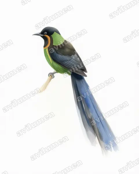 Watercolor illustration: Astrapia nigra (Arfak astrapia)