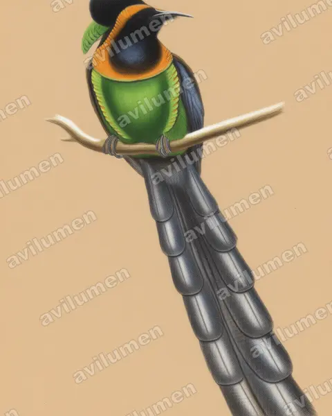 Colored pencil illustration: Astrapia nigra (Arfak astrapia)