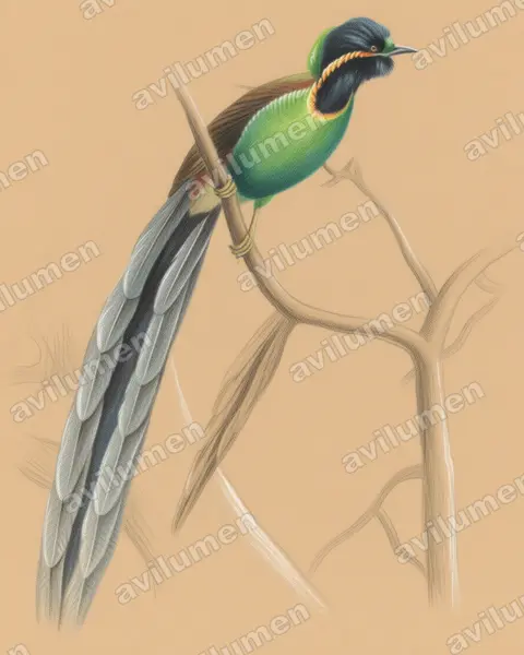 Colored pencil illustration: Astrapia rothschildi (Huon Astrapia)