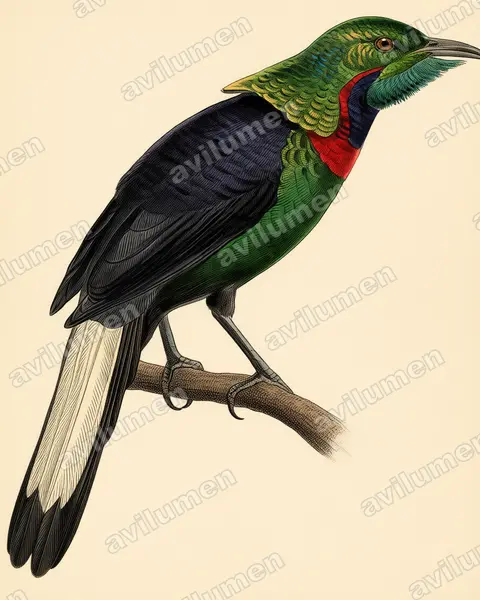 Ilustración en Lámina antigua: Astrapia splendidissima (Ave del paraíso espléndida)