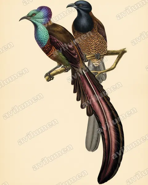 Ilustración en Lámina antigua: Astrapia stephaniae (Ave del paraíso de Estefanía)