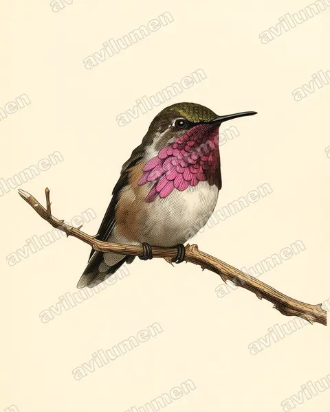 瑰喉蜂鸟(Atthis ellioti)的古典图版插画