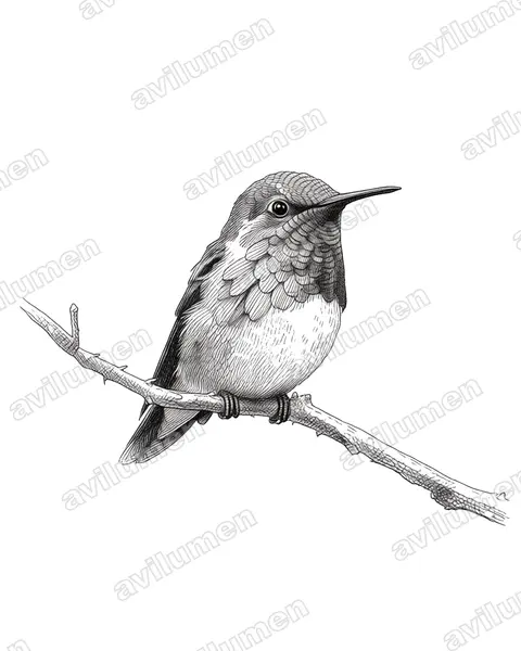 瑰喉蜂鸟(Atthis ellioti)的钢笔墨线插画