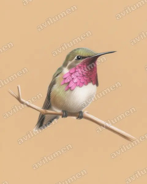 瑰喉蜂鸟(Atthis ellioti)的彩色铅笔插画
