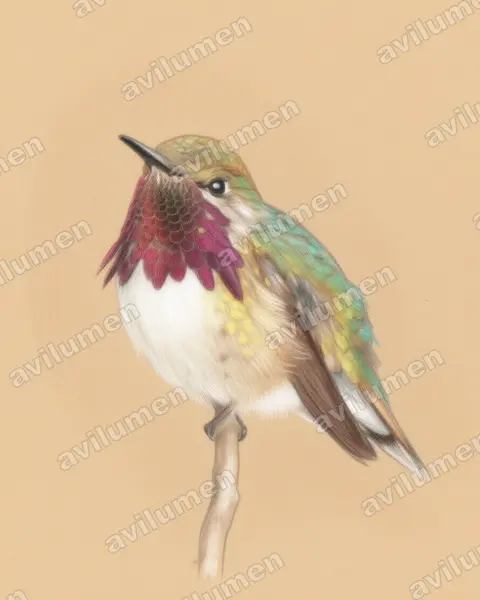 Colored pencil illustration: Atthis heloisa (Bumblebee hummingbird)