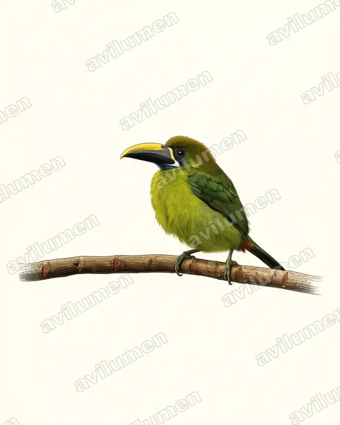 Illustration im Stil Historische Tafel: Blaukehlarassari (Aulacorhynchus caeruleogularis)
