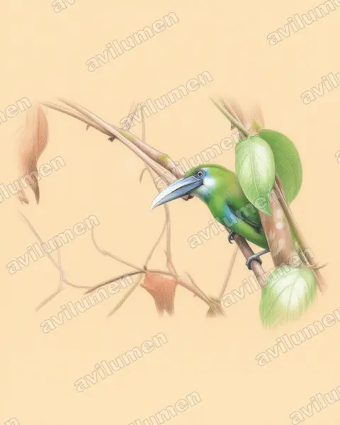 Ilustración en Lápiz de color: Aulacorhynchus coeruleicinctis (Tucanete pechiazul)