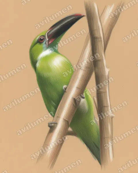 Illustration Crayon de couleur : Aulacorhynchus derbianus (Toucanet de Derby)