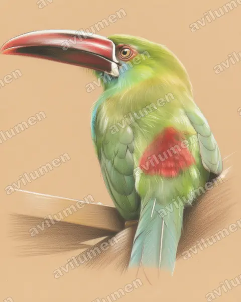 Colored pencil illustration: Aulacorhynchus haematopygus (Crimson-rumped Toucanet)
