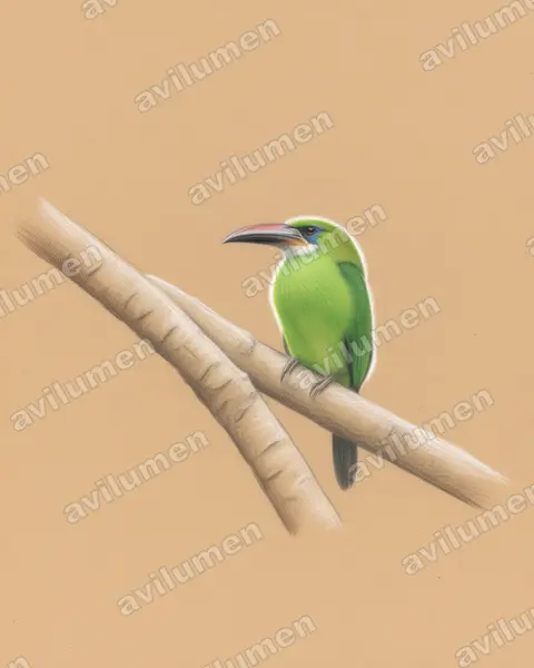 Groove-billed Toucanet（Aulacorhynchus sulcatus）的彩色铅笔插画