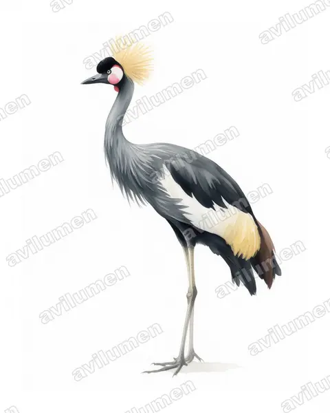 Ilustración en Acuarela: Balearica pavonina (Grulla coronada cuellinegra​)