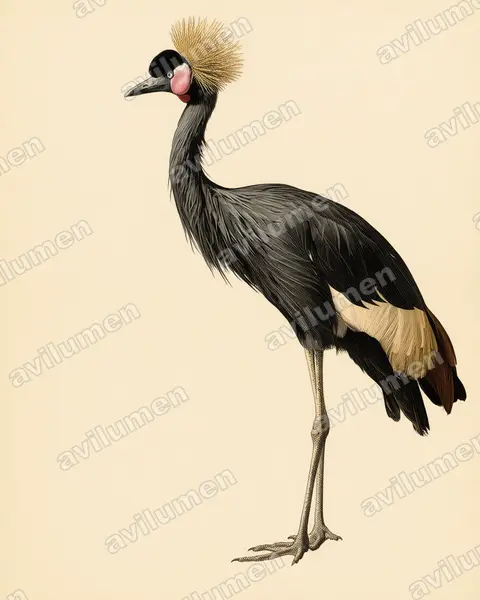 Ilustración en Lámina antigua: Balearica pavonina (Grulla coronada cuellinegra​)