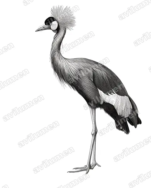 Ilustración en Tinta: Balearica pavonina (Grulla coronada cuellinegra​)