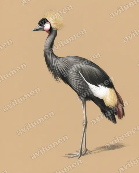 Ilustración en Lápiz de color: Balearica pavonina (Grulla coronada cuellinegra​)