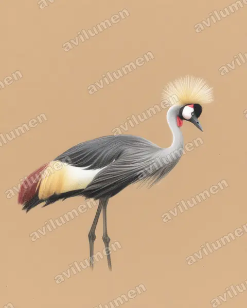 Illustration im Stil Buntstift: Südafrika-Kronenkranich (Balearica regulorum)