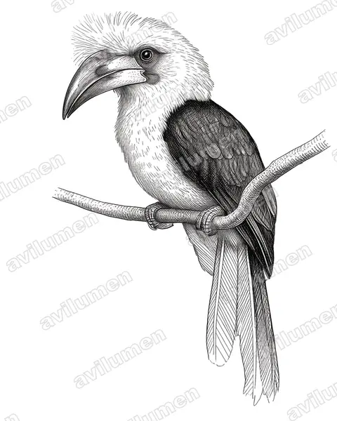 長冠犀鳥（Berenicornis comatus）的钢笔墨线插画