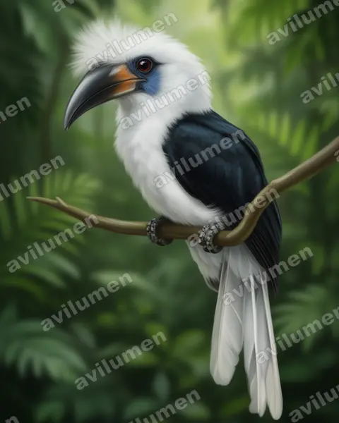 長冠犀鳥（Berenicornis comatus）的写实插画