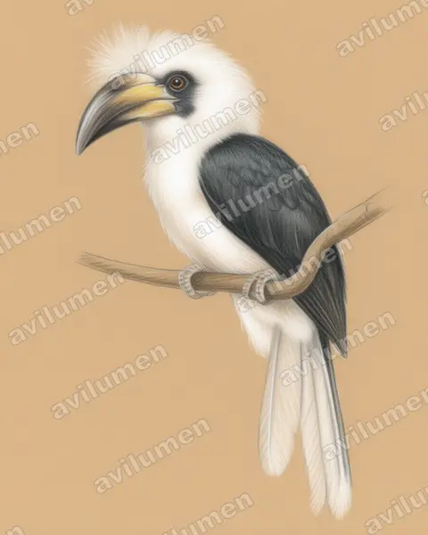 長冠犀鳥（Berenicornis comatus）的彩色铅笔插画