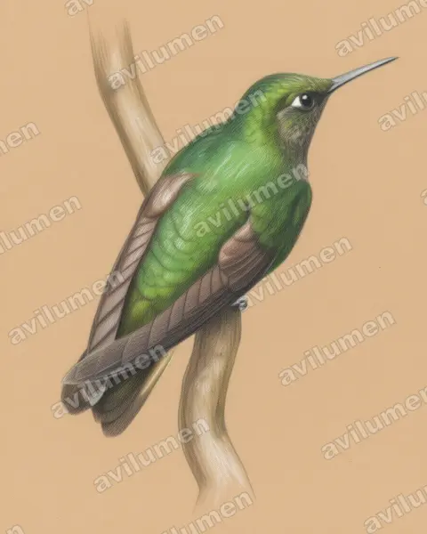 Ilustración en Lápiz de color: Boissonneaua flavescens (Colibrí colihabano)