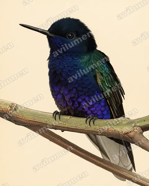 Ilustración en Lámina antigua: Boissonneaua jardini (Colibrí sietecolores​)