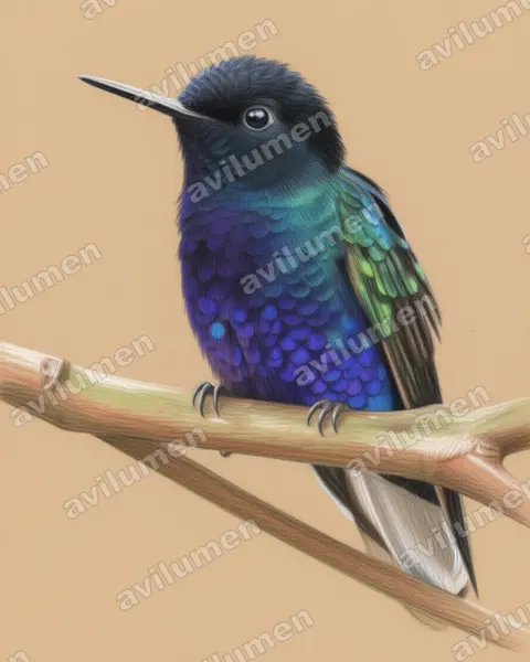 Ilustración en Lápiz de color: Boissonneaua jardini (Colibrí sietecolores​)