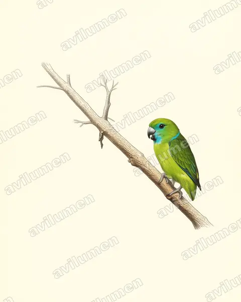 Illustration im Stil Historische Tafel: Stummelschwanzpapagei (Bolbopsittacus lunulatus)