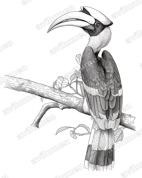 Illustration Encre : Buceros bicornis (Calao bicorne)