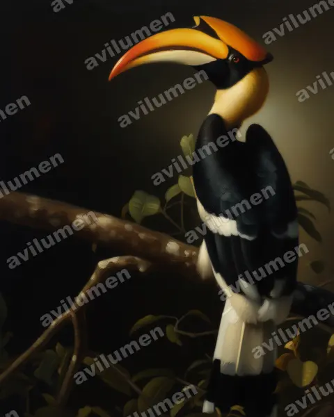 Illustration Huile : Buceros bicornis (Calao bicorne)