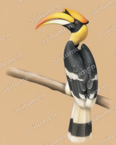 Illustration Crayon de couleur : Buceros bicornis (Calao bicorne)
