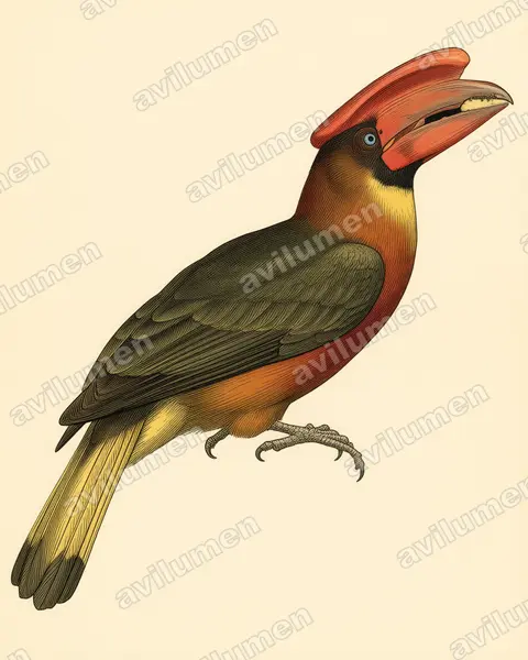 北棕犀鳥（Buceros hydrocorax）的古典图版插画
