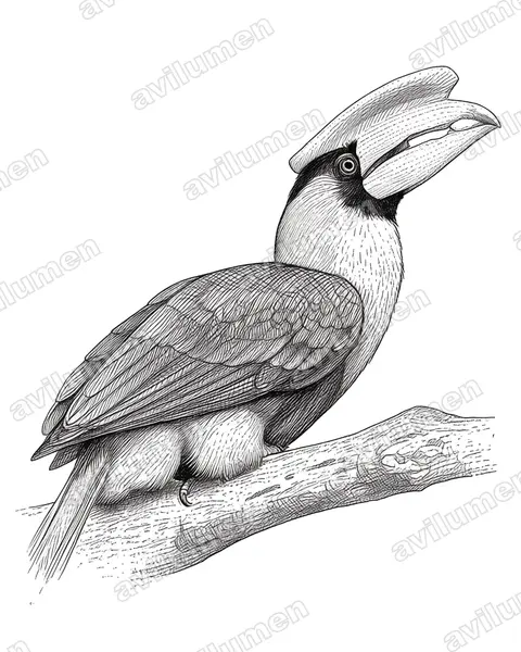 北棕犀鳥（Buceros hydrocorax）的钢笔墨线插画