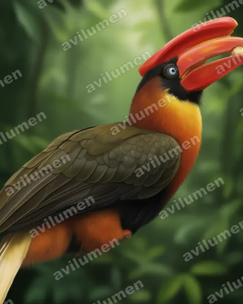 北棕犀鳥（Buceros hydrocorax）的写实插画