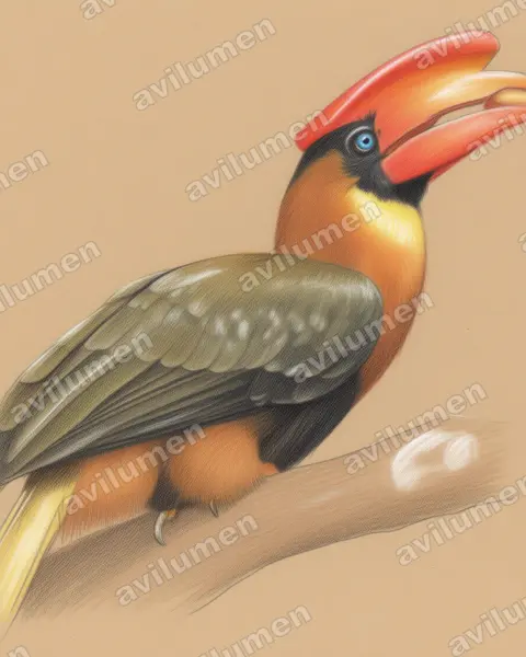 北棕犀鳥（Buceros hydrocorax）的彩色铅笔插画