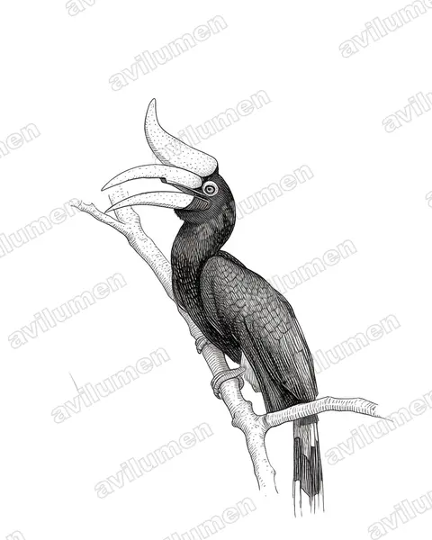 Illustration Encre : Buceros rhinoceros (Calao rhinocéros)