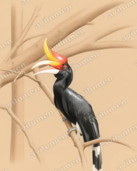 Illustration Crayon de couleur : Buceros rhinoceros (Calao rhinocéros)