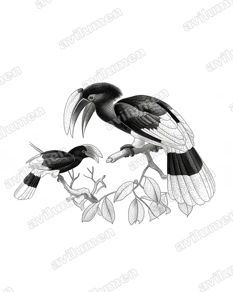 Ink illustration: Bycanistes albotibialis (White-thighed Hornbill)