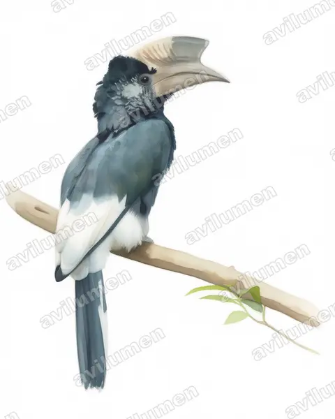Illustration im Stil Aquarell: Grauwangen-Hornvogel (Bycanistes subcylindricus)