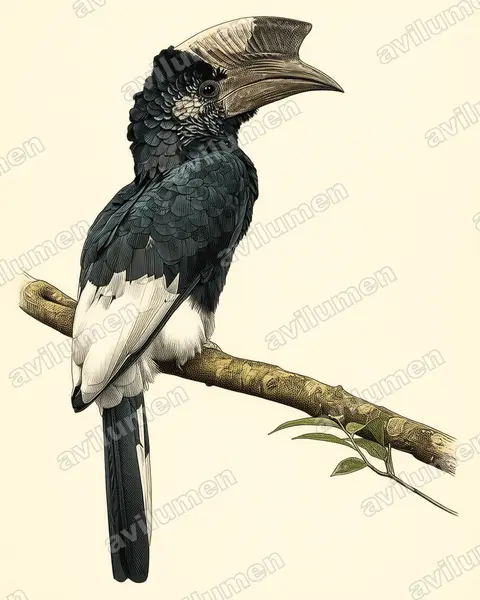 Illustration im Stil Historische Tafel: Grauwangen-Hornvogel (Bycanistes subcylindricus)