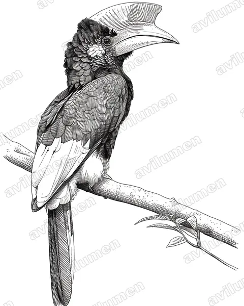 Illustration im Stil Tusche: Grauwangen-Hornvogel (Bycanistes subcylindricus)