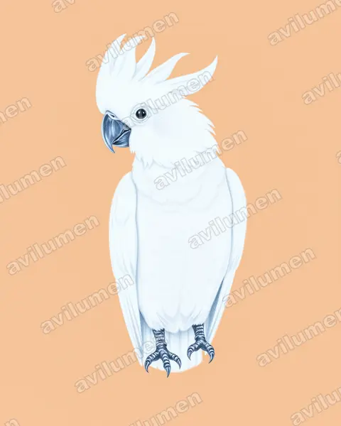 大白凤头鹦鹉（Cacatua alba）的彩色铅笔插画