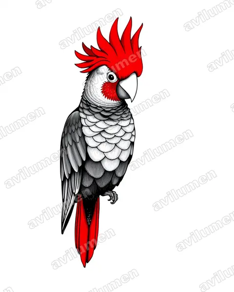 Illustration Encre : Callocephalon fimbriatum (Cacatoès à tête rouge)